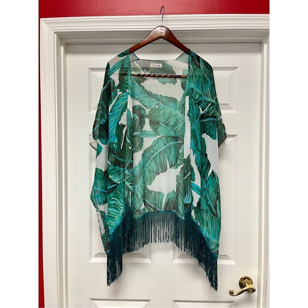 Soul Young Green Fern Print Fringed Kimono O/S